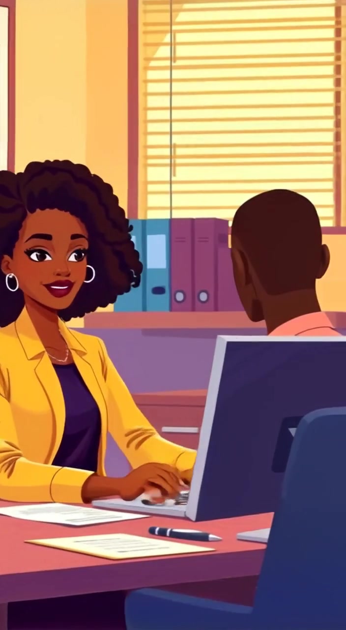 The woman gestures gently towards the computer screen, guiding the client through the visa application process.