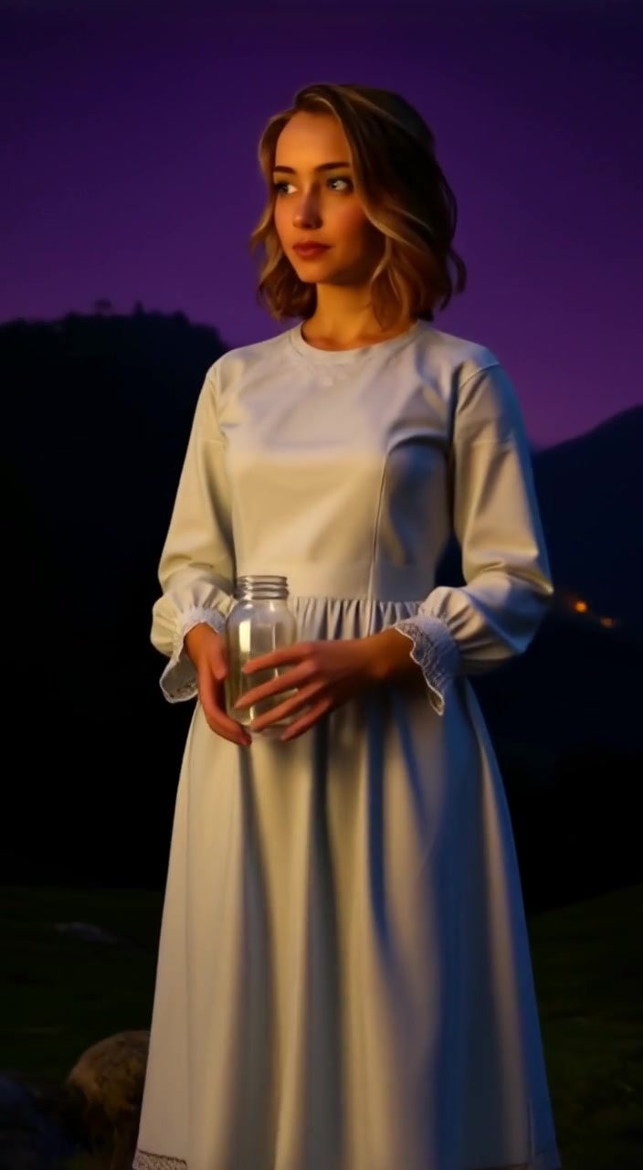 The woman gazes thoughtfully at the valley below, gently swaying the empty glass jar in her hand.