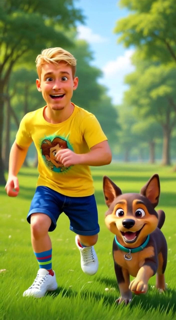 3D Cartoon Child and Dog Playtime with Semi-Realistic Textures