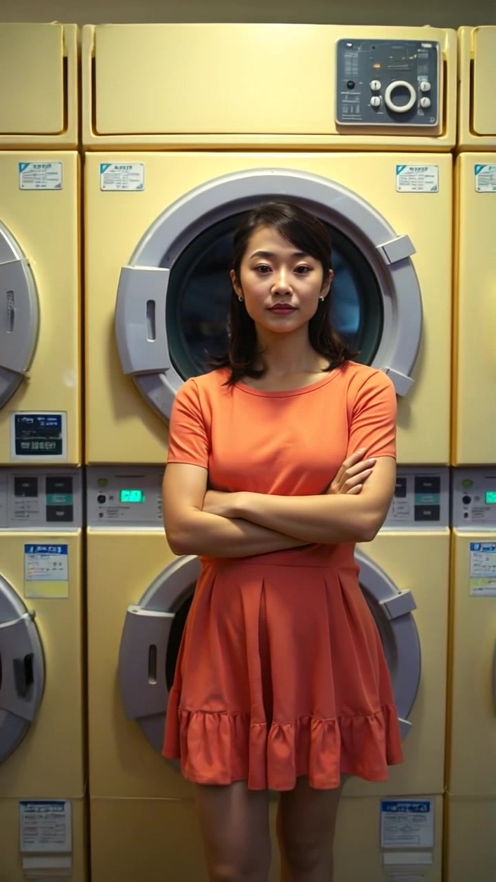 Subject: A confident woman with a low ponytail. Subject movement: She shifts her weight slightly from one foot to the other, exuding confidence as she stands before a commercial laundry dryer, arms crossed. Scene: Bright, clean laundromat filled with rows of washing machines and dryers, light bouncing off the metallic surfaces. Style: Crisp, fluorescent lighting enhances the sterile atmosphere, with a focus on the subject. Motion: The camera pushes in gradually, capturing the woman's assertive stance and the bustling environment around her.