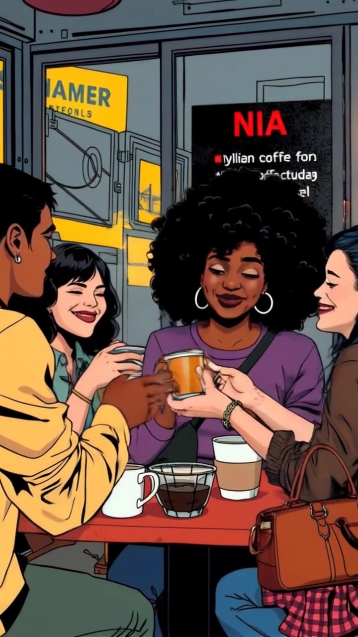 Scene: A lively coffee shop filled with friends gathered around a table, engaging in conversation and laughter while showcasing their new purchases. Style: Warm, inviting lighting illuminates the cheerful atmosphere, with cozy decor and street sounds filtering in from outside. Motion: The camera glides smoothly around the table, capturing the group's animated gestures and expressions as they proudly display their items.