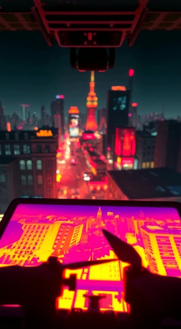 The camera gently pans over a cityscape, revealing glowing heat patterns of buildings in vibrant infrared colors.