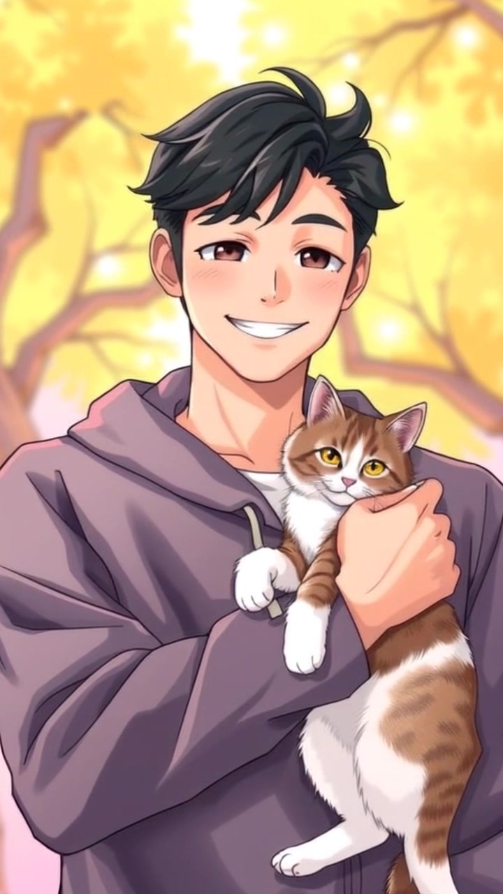 Subject: A person joyfully holding a cat in their arms. Subject movement: The individual gently sways with the cat, smiling broadly. Scene: Bright outdoor park setting filled with vibrant greenery and colorful flowers. Style: Sunlit ambiance with a cheerful atmosphere. Motion: The camera slowly pushes in for a close-up, capturing the warmth and connection between the person and the cat, with a soft focus on the lively environment in the background.