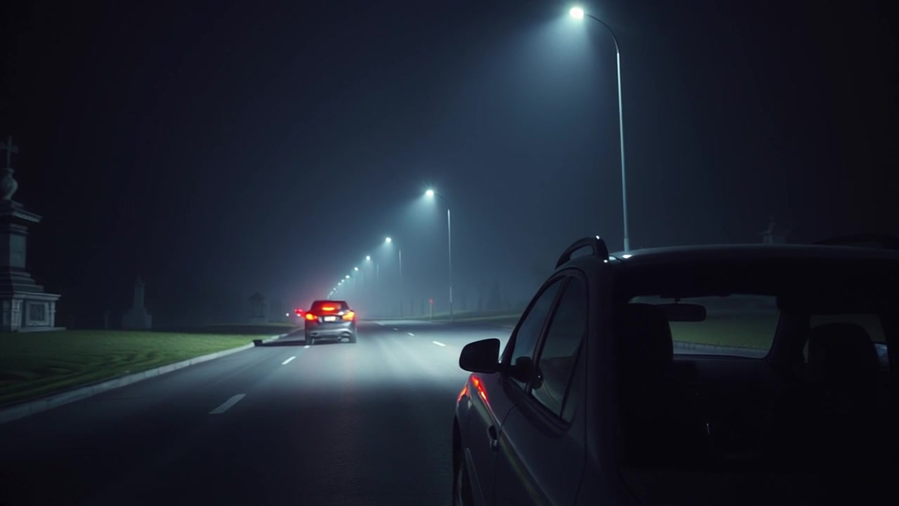 Subject (Rajiv, a man in his late 30s with dark hair and a worn leather jacket, sitting in a vintage car) + Subject movement (Rajiv sits calmly behind the wheel, his hands resting lightly on it, occasionally glancing in the rearview mirror) + Scene (A dark, empty asphalt road cuts through a desolate landscape under a starlit sky. The car's headlights cut through the darkness.) + (Camera Language (Slow push in on Rajiv's face, then a gradual dolly shot alongside the car) + Lighting (The car's headlights illuminate the road, creating a stark contrast to the surrounding darkness. Ambient lighting from the stars and moon above) + Atmosphere (Mysterious, suspenseful, lonely))