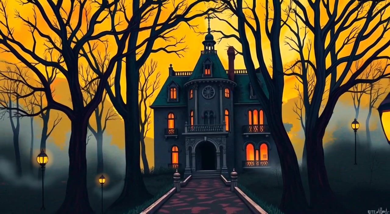 Mist gently swirls around the dark mansion, as shadows flicker between the thick trees surrounding the eerie atmosphere.