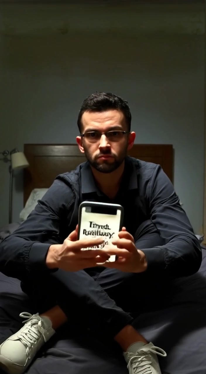 A medium shot of Alex, tensed and apprehensive, with the text "Look behind you," visible on his phone.
