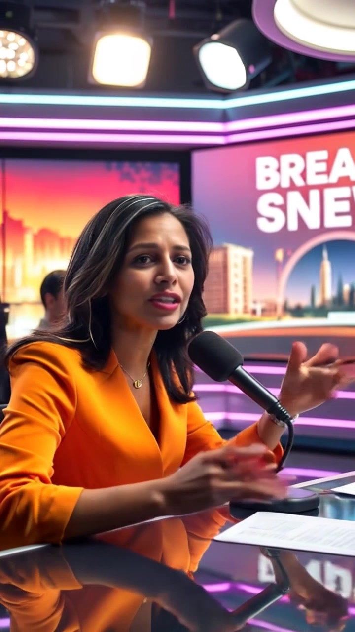 A news anchor, dressed in a sharp suit, sits at a desk in a bustling news studio, gesturing animatedly as they report breaking news. The camera zooms in on the anchor's intense expression while smoothly circling the desk, showcasing the 'Breaking News' screen in the background. Dynamic camera movement with a fast pan-out shot adds urgency to the scene, under bright studio lighting and a high-energy atmosphere.