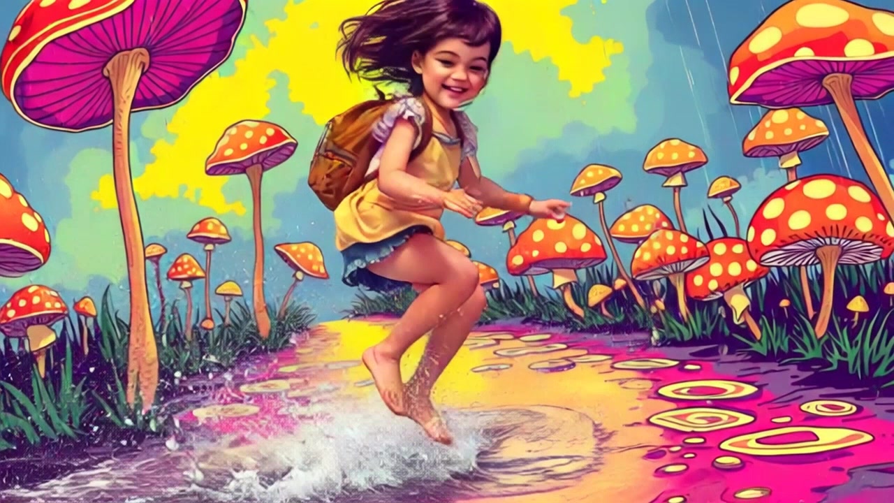 Subject: A playful child joyfully jumping in puddles. Subject movement: The child leaps into a splash, water spraying around in a vibrant display. Scene: Outside on a rainy day, with droplets falling from the sky, creating a shimmering effect on the ground. Style: Soft, diffused lighting envelops the scene, enhancing the playful mood. Motion: Handheld camera tracking shot follows the child’s energetic movements, capturing the splashes and the surrounding atmosphere.