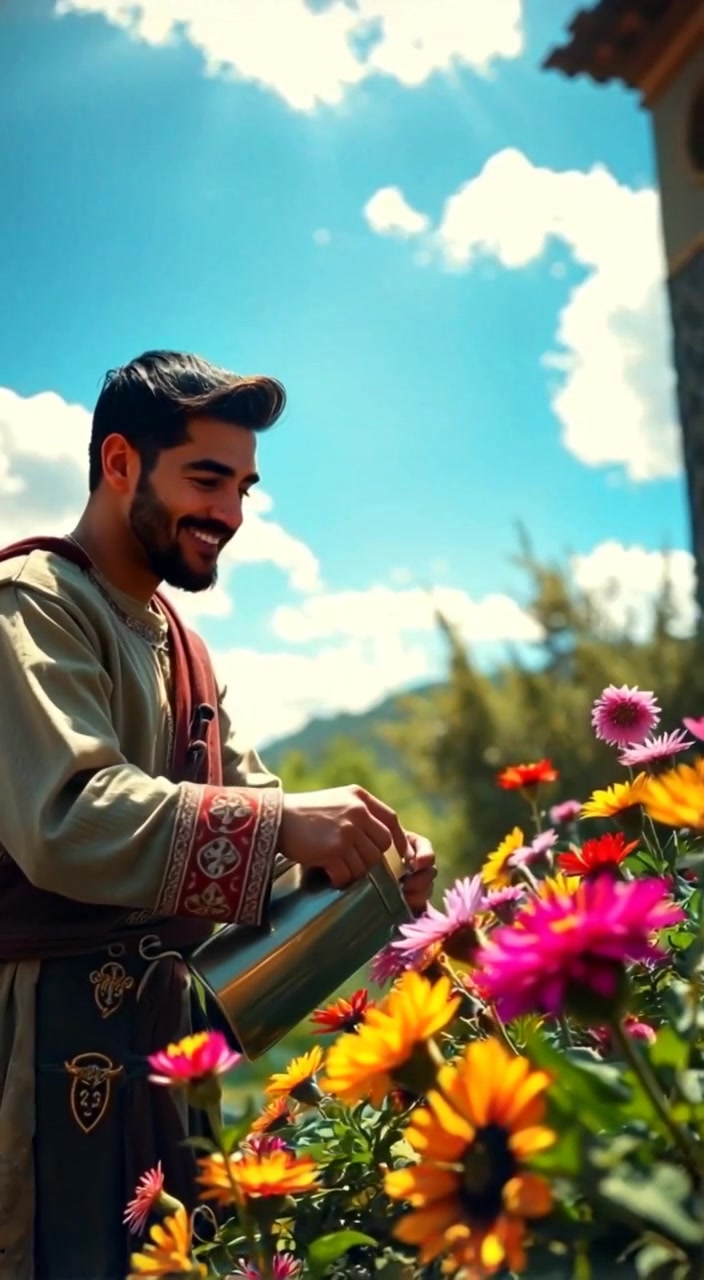 The gardener gently waters vibrant flowers, smiling under the bright blue sky, with sunshine illuminating the peaceful scene.