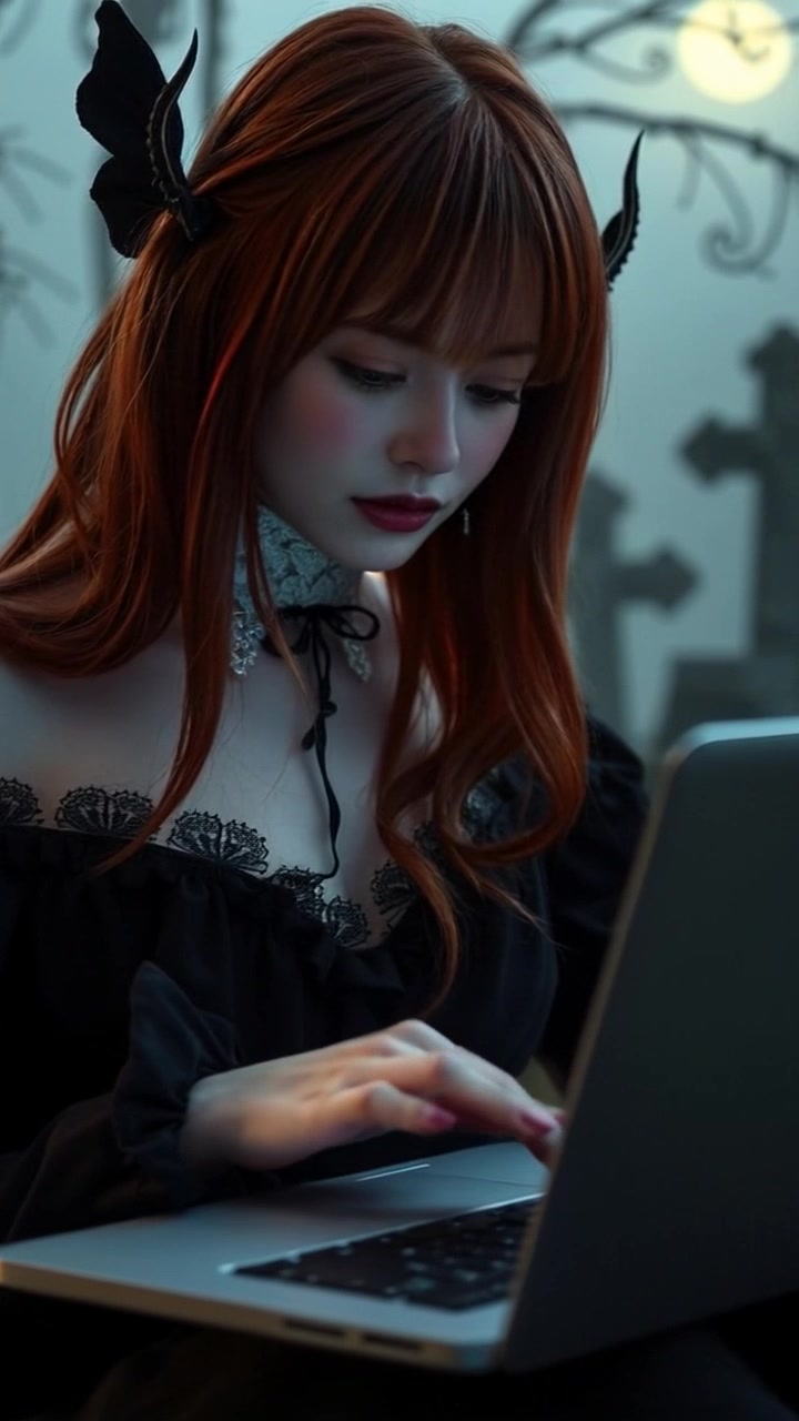 Scene: A focused individual seated at a desk, typing intently on her laptop in a quiet room. Style: Soft, ambient lighting creating a calm and introspective atmosphere. Motion: The camera performs a slow, dramatic push-in to emphasize the concentration, capturing the subtle movements of fingers dancing over keys while the surrounding silence enhances the moment.