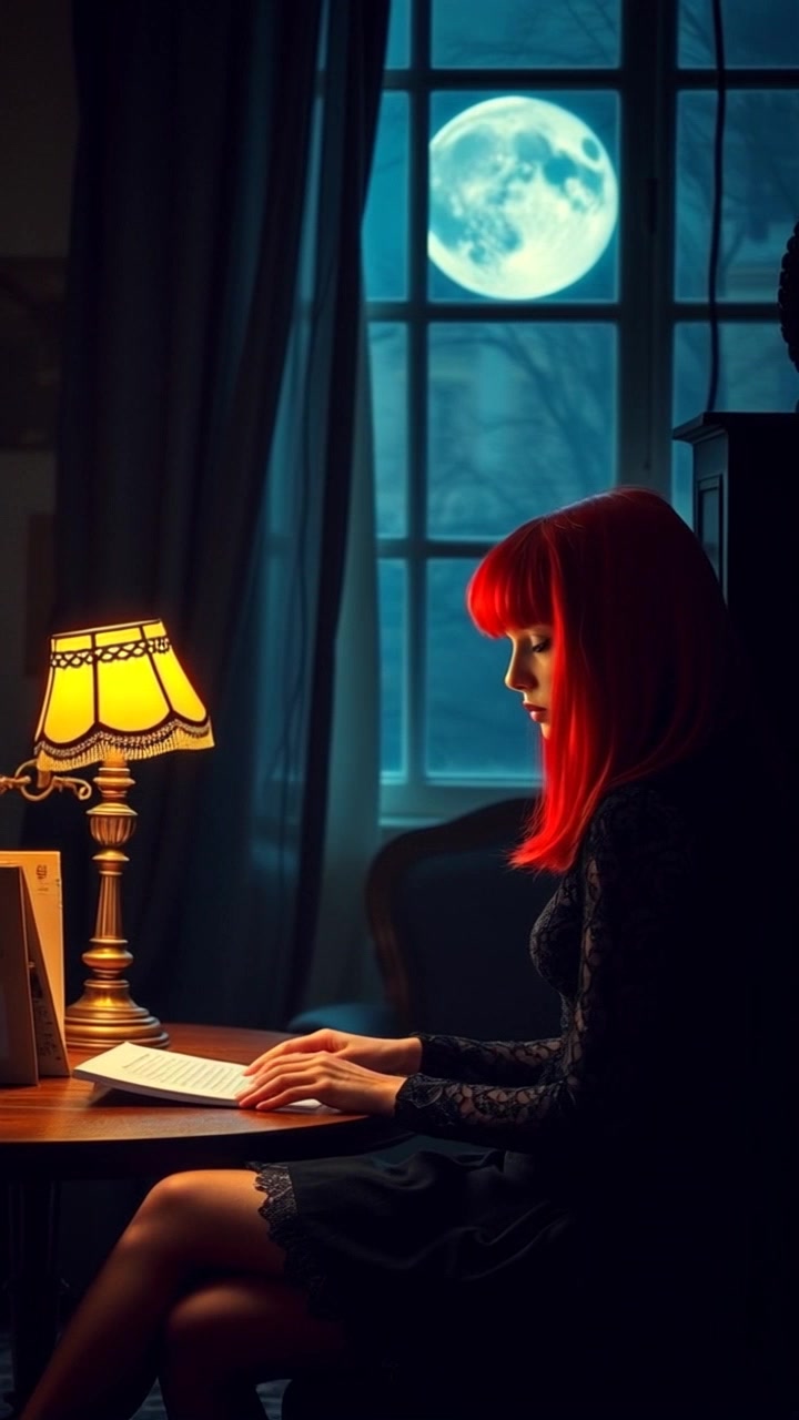 Scene: A dimly lit office with Maya sitting alone at her desk, illuminated solely by the warm glow of her desk lamp. Style: Soft, ambient lighting creates a contemplative atmosphere, casting gentle shadows around the room. Motion: The camera starts with a tight focus on Maya's face, then smoothly pans out to reveal the cluttered desk and the surrounding office space, capturing the solitude of the moment.