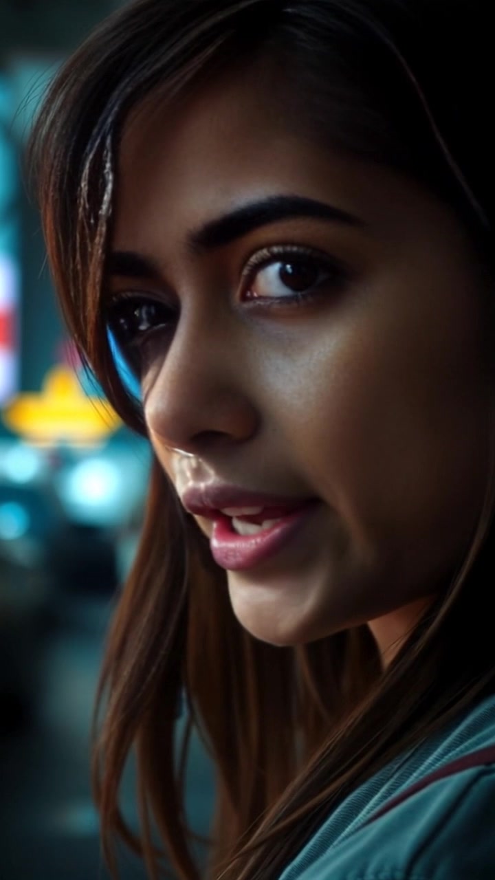 Subject: A girl with a sad expression, her eyes shimmering with unshed tears as she speaks softly. Scene: Close-up of her face against a softly blurred background, perhaps hinting at a melancholic environment. Lighting: Soft, diffused light emphasizing her emotion, creating an intimate atmosphere. Motion: The camera gently pushes in on her face, capturing every subtle shift in her expression as she communicates her feelings.