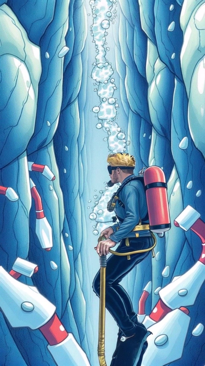 Subject: Diver in full gear, wearing a wetsuit and oxygen tank, illuminated by the blue hues of the deep sea. Subject Movement: Slow, deliberate exploration movements as the diver navigates the trench. Scene: Deep-sea trench with mysterious rock formations and bioluminescent sea creatures swirling around. Camera Language: Slow tracking shot following the diver's movements, capturing the awe-inspiring depth of the trench. Lighting: Bioluminescent glow casting an ethereal light on the diver and surroundings. Atmosphere: Mysterious, immersive underwater world filled with wonder and discovery.