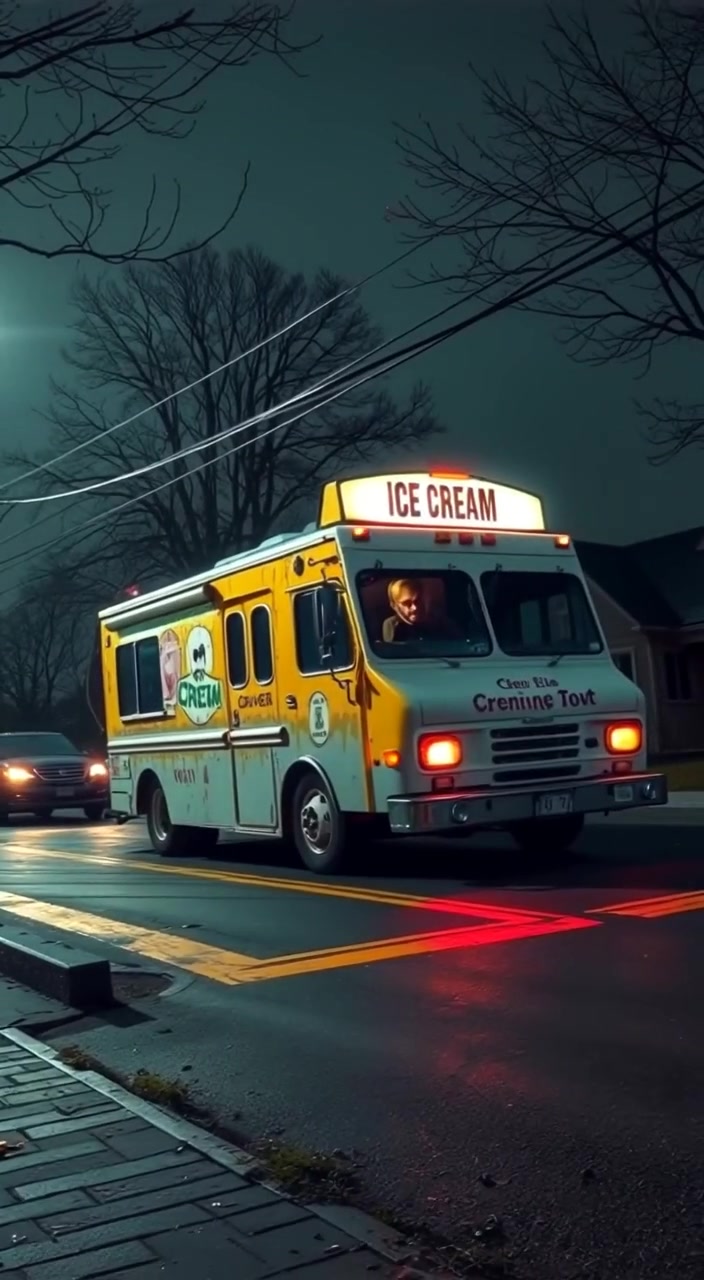 The ice cream truck glides slowly along the quiet street, its lights softly glowing in the night.