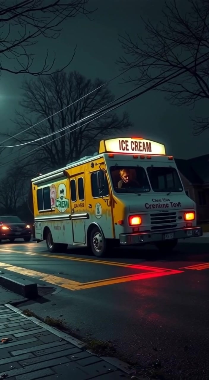 The ice cream truck moves gently down the quiet street, its glowing lights illuminating the dark surroundings.