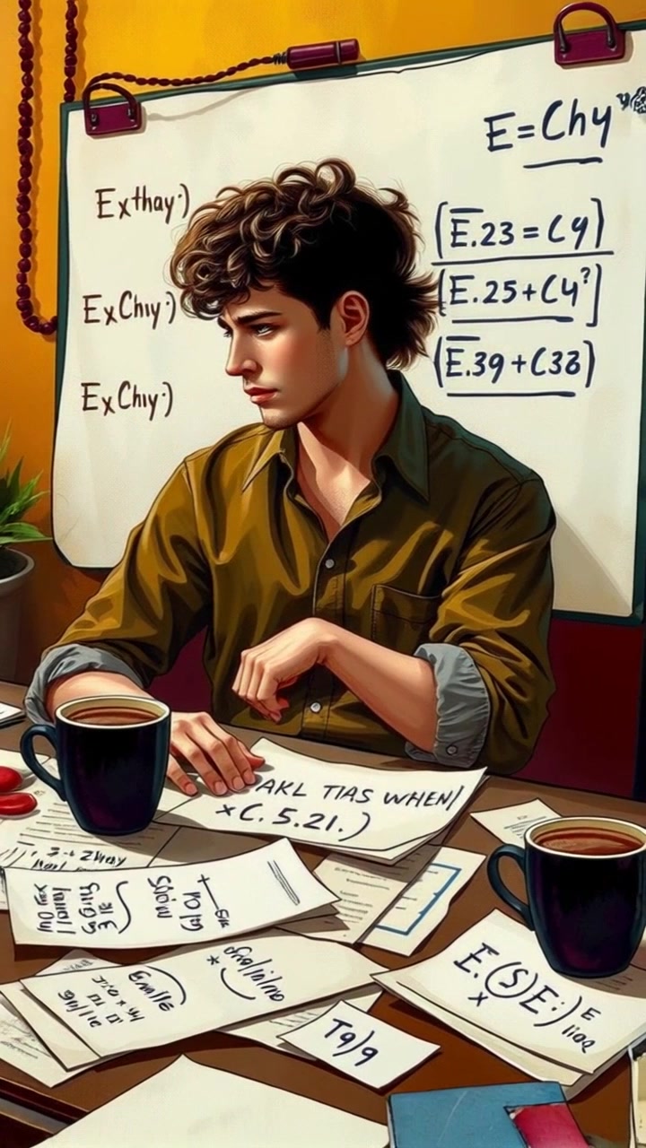 Subject (A young man with short brown hair, wearing a worn-out t-shirt and jeans, stares intently at a complex mathematical equation on a whiteboard. His brow is furrowed in concentration, and his hands are loosely clasped in front of him.) + Subject movement (The subject remains still, his gaze fixed on the equation.) + Scene (A cluttered study, filled with scattered papers, empty coffee cups, and books piled haphazardly on a desk. The whiteboard is positioned prominently against a wall.) + (Camera Language (Close-up shot focusing on the equation and then slowly pushes in to reveal the subject's face, and then pulls out to show the whole scene), Lighting (Soft, ambient light illuminates the room, casting subtle shadows.), Atmosphere (Intense, focused, studious))