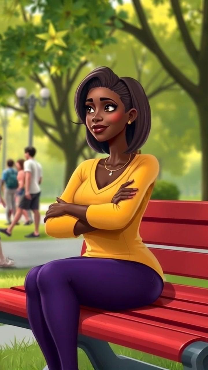 Subject: The Narrator sitting on a park bench. Subject movement: The Narrator remains still, observing the world around them. Scene: A vibrant park setting, filled with lush greenery and people leisurely walking by. Style: Soft, natural daylight with dappled sunlight filtering through the trees. Motion: Camera performs a slow dolly out from the Narrator, capturing the bustling park atmosphere while focusing on the passersby.