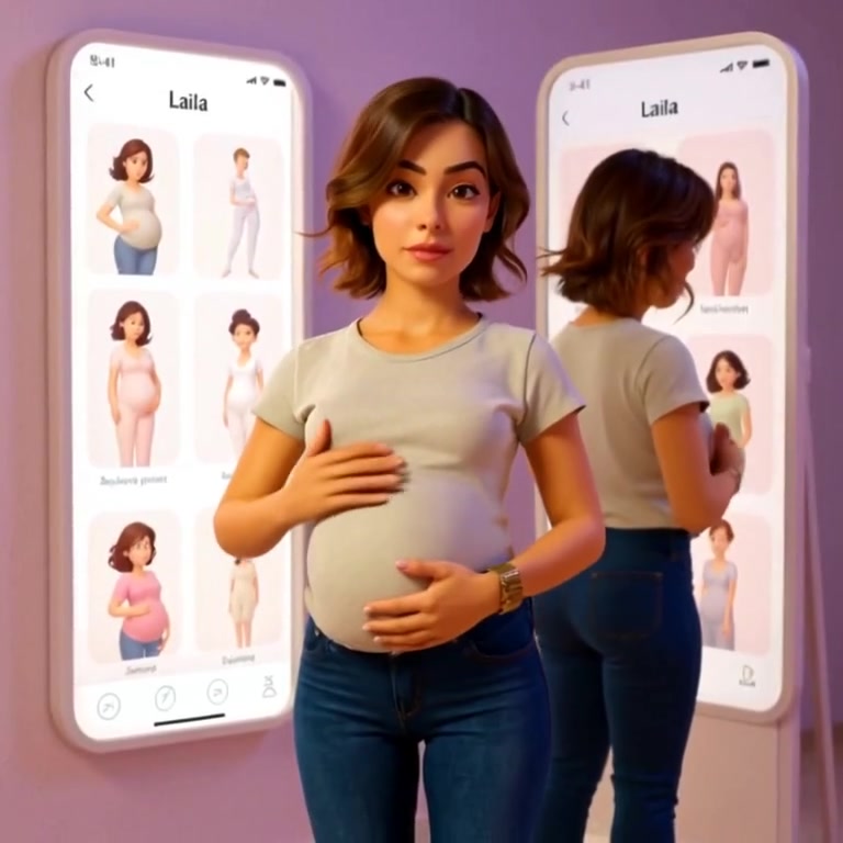 The woman gently caresses her baby bump while gazing at her reflection in the bright room's mirror.