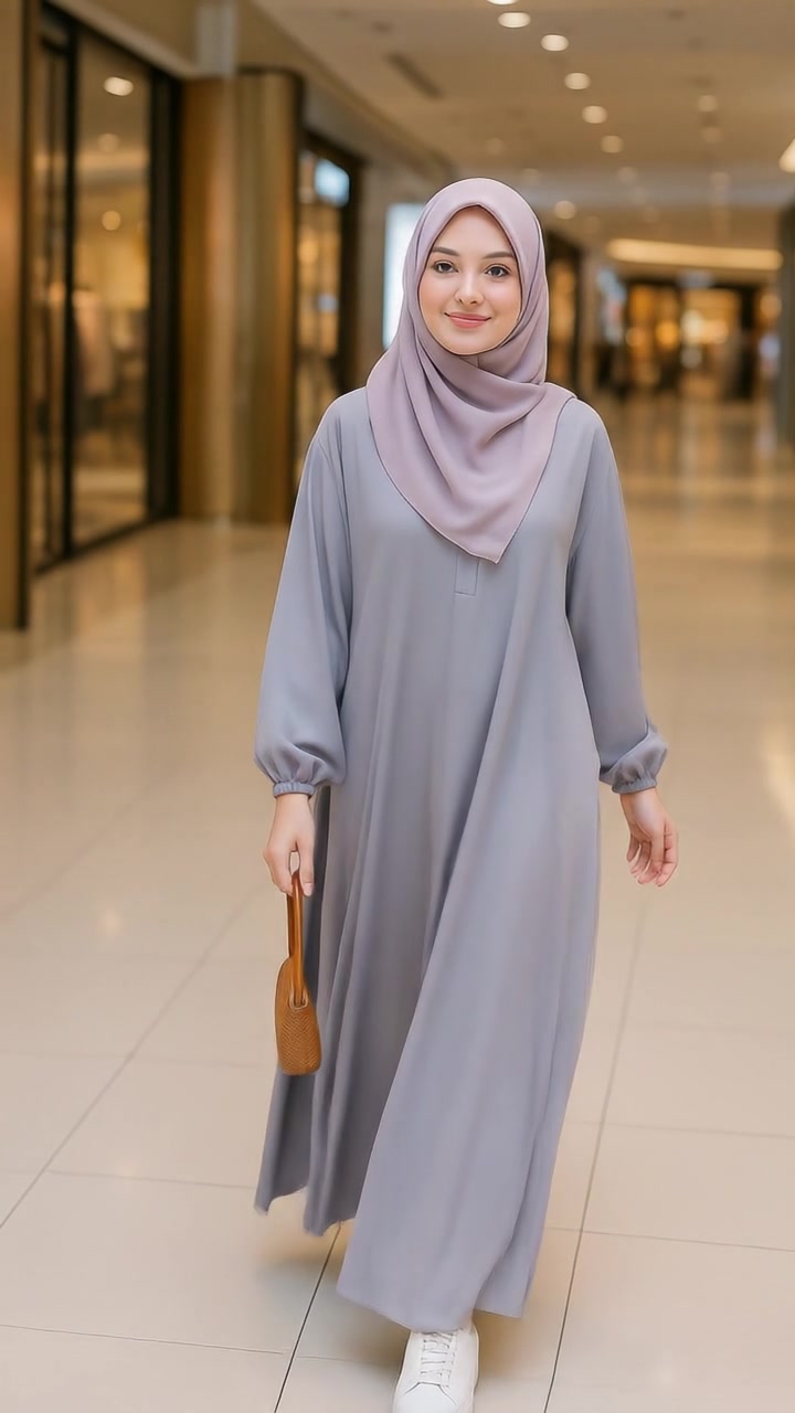 Gamis Polos Elegan dengan Lengan Karet