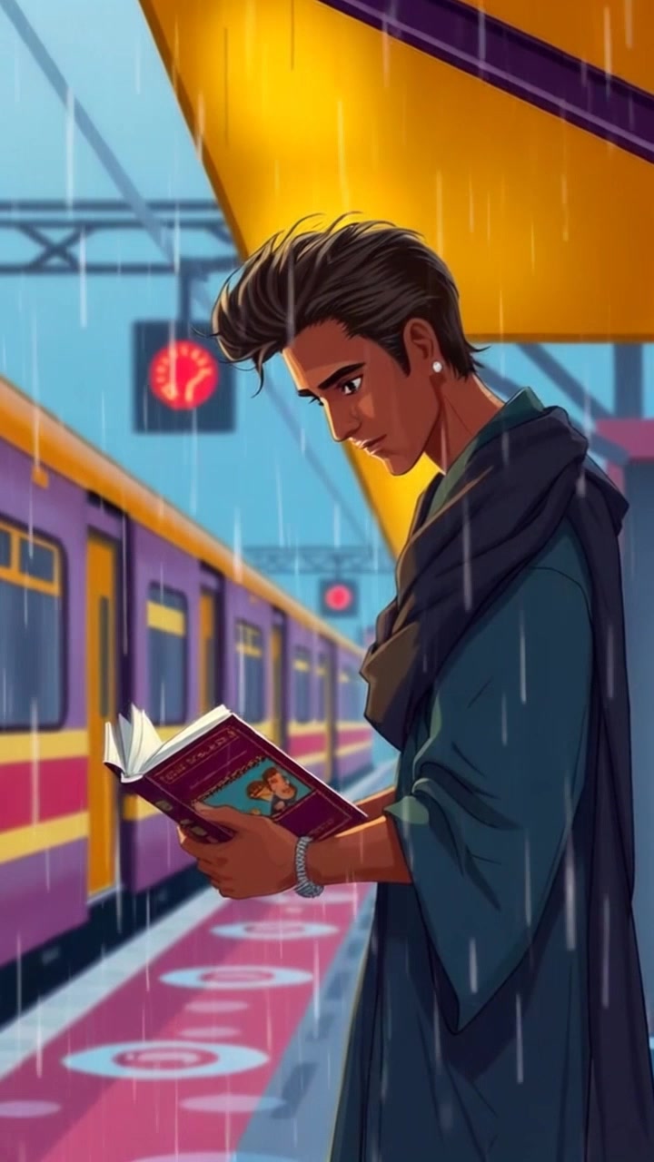 Subject: Arjun standing under a canopy at a rainy railway station, engrossed in a book. Subject movement: He shifts slightly, turning the page with deliberate focus while the rain patters softly around him. Scene: A rainy railway station with blurred tracks, the dark clouds overhead adding to the moody atmosphere. Style: Soft, diffused lighting enhances the cozy and intimate feel of the setting. Motion: Camera slowly dolly in, capturing the delicate interplay of raindrops on the canopy and Arjun's expressions as he reads.