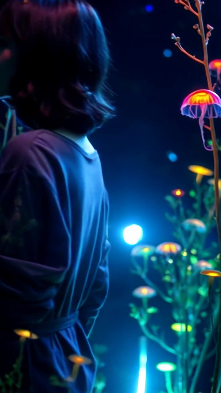 Subject: A biotechnologist walking through a glowing, supernatural forest. Subject movement: The biotechnologist strides confidently, observing the luminescent plants that illuminate their path. Scene: Enchanted forest filled with radiant, glowing plants casting an otherworldly light. Style: Magical, ambient lighting in vibrant hues of blue and green enhancing the mystical atmosphere. Motion: The camera follows the biotechnologist with a smooth, tracking shot, weaving between trees and capturing close-ups of the dazzling flora.