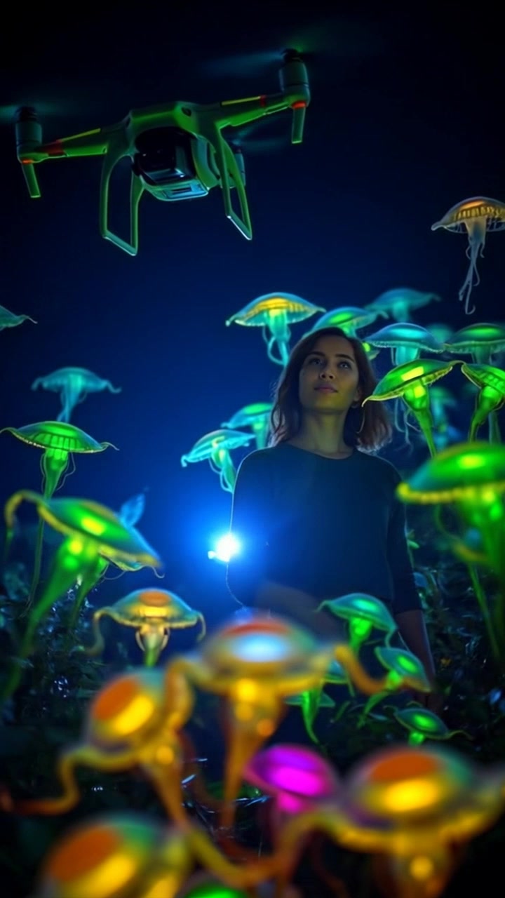 Subject: A flying exploration drone. Subject movement: The drone hovers steadily beside a biotechnologist as she navigates through dense, glowing foliage. Scene: Lush, illuminated jungle filled with bioluminescent plants and exotic vegetation. Style: Soft, ethereal light filtering through the leaves, creating a shimmering effect. Motion: The camera pans smoothly to track the biotechnologist's movements, following her as she interacts with the vibrant environment, while the drone maintains a close proximity.