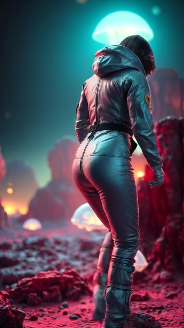 Subject: A biotechnologist dressed in a silver protective suit. Subject movement: The biotechnologist takes cautious steps while examining the unusual geological formations on the alien planet. Scene: An alien landscape with bizarre rock structures and vibrant colors under a distant, alien sun. Lighting: Ethereal light illuminating the textured surface of the ground and casting long shadows. Motion: The camera tracks the biotechnologist from a low angle, slowly circling around as they move, capturing both their detailed suit and the extraordinary environment.