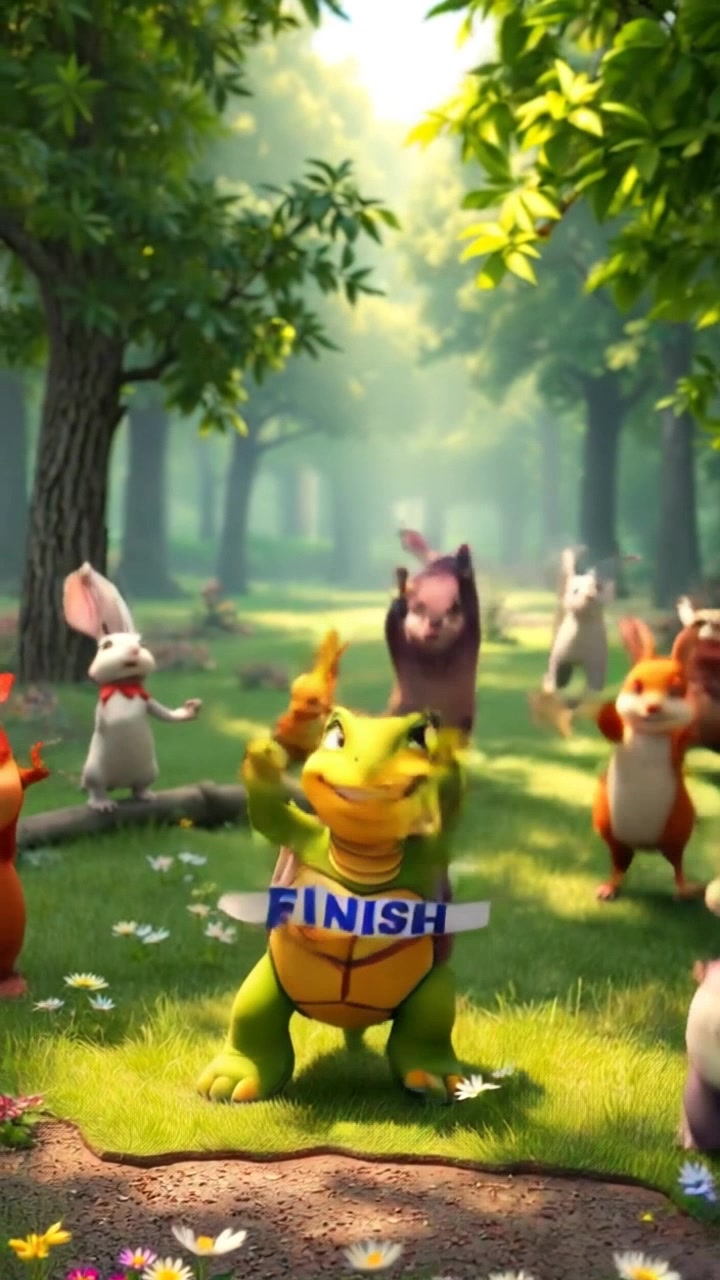 A festive scene in a sunny meadow with various animals applauding, celebrating Tortoise's victory.