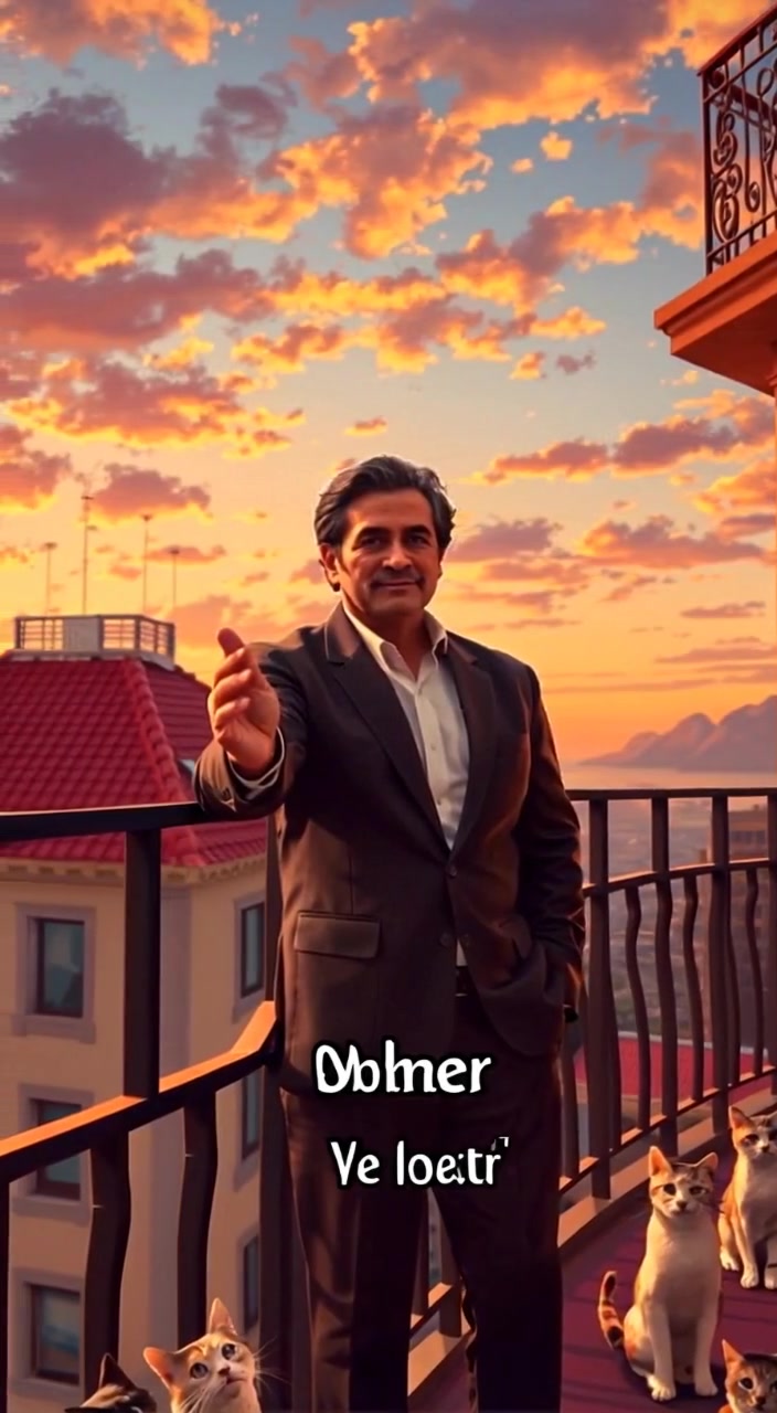 The man gestures passionately from the balcony, the vibrant sunset sky illuminating his silhouette.