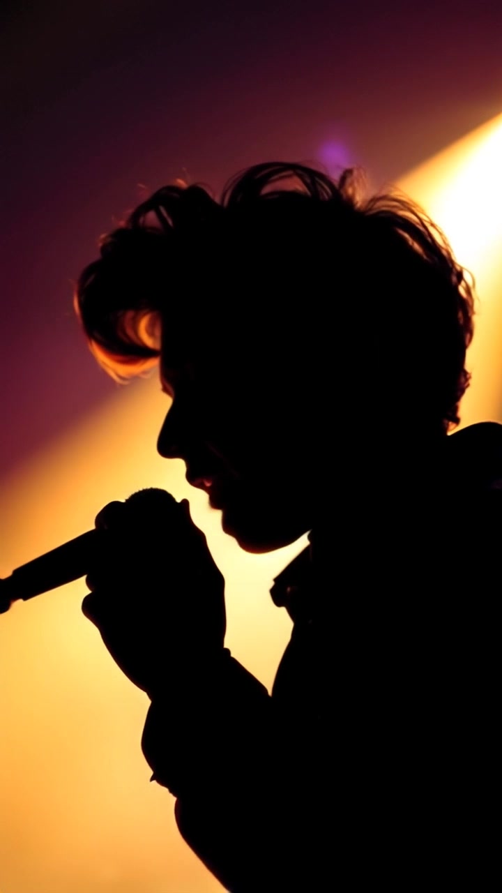 Subject: A young boy passionately singing into a microphone. Subject movement: He sways slightly as he sings, immersed in the performance. Scene: A vibrant stage illuminated by a spotlight, with a blurred audience in the background, capturing the energy of the moment. Style: Dramatic spotlight creating a stark contrast with the dark surroundings. Motion: The camera moves in close, focusing on the boy's expressive face and gestures while gently pulling back to reveal the full stage. The atmosphere is electrifying and filled with youthful excitement.