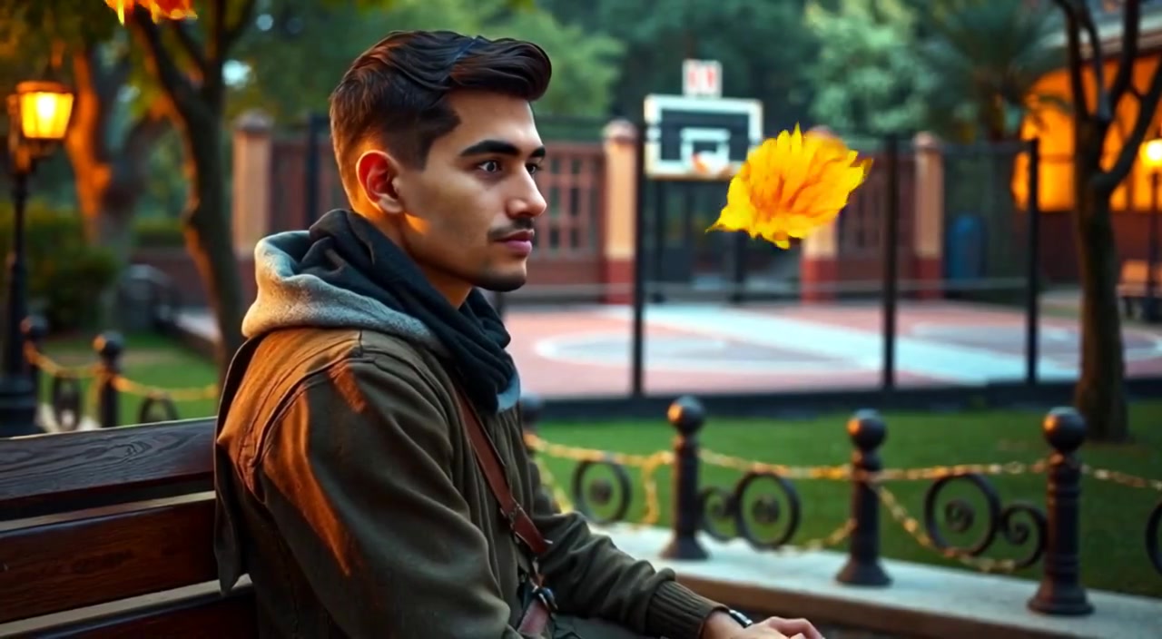 The man gazes thoughtfully as leaves gently fall from trees around him.