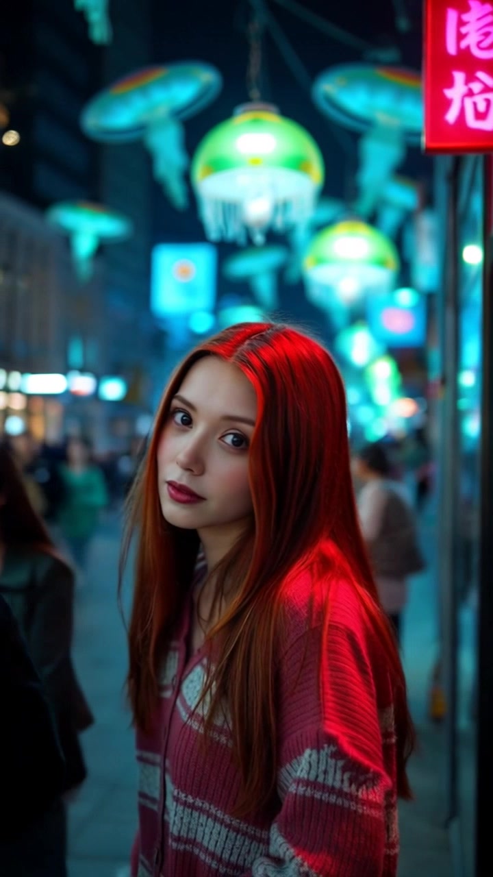 Subject: A woman standing on a bustling city street. Subject movement: She gazes pensively at a closed door, momentarily shifting her weight. Scene: Vibrant urban environment filled with pedestrians, tall buildings, and storefronts, creating a lively backdrop. Style: Ambient city lighting with a mix of natural and artificial sources, conveying the hustle and bustle of city life. Motion: Handheld camera tracking shot, gently circling the woman to capture her contemplation amidst the dynamic flow of the street.