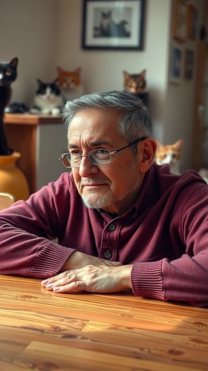Subject (Elderly man: Build, Grey hair, Glasses, Casual clothing) + Subject movement (Sitting quietly) + Scene (Wooden table in a well-lit room) + Camera Language (Slow pan) + Lighting (Natural light) + Atmosphere (Serene)