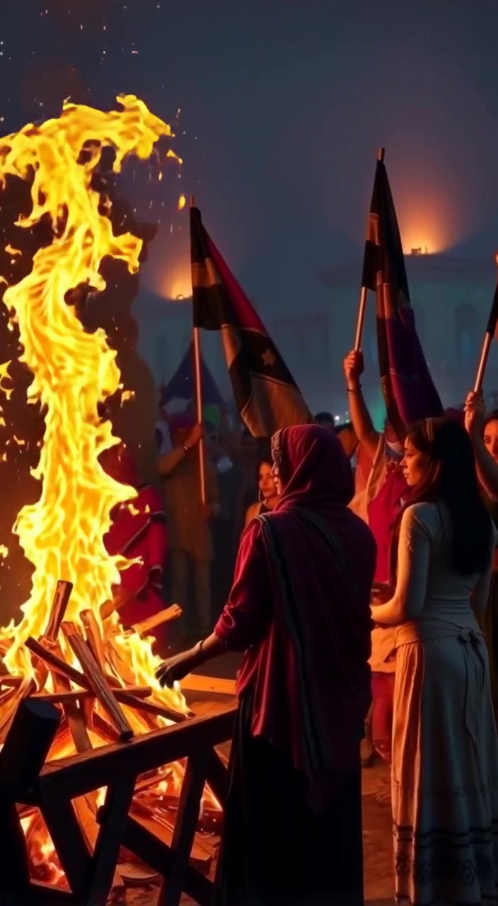 A group of people standing around a bonfire, gently throwing old textiles into the flames as they talk.