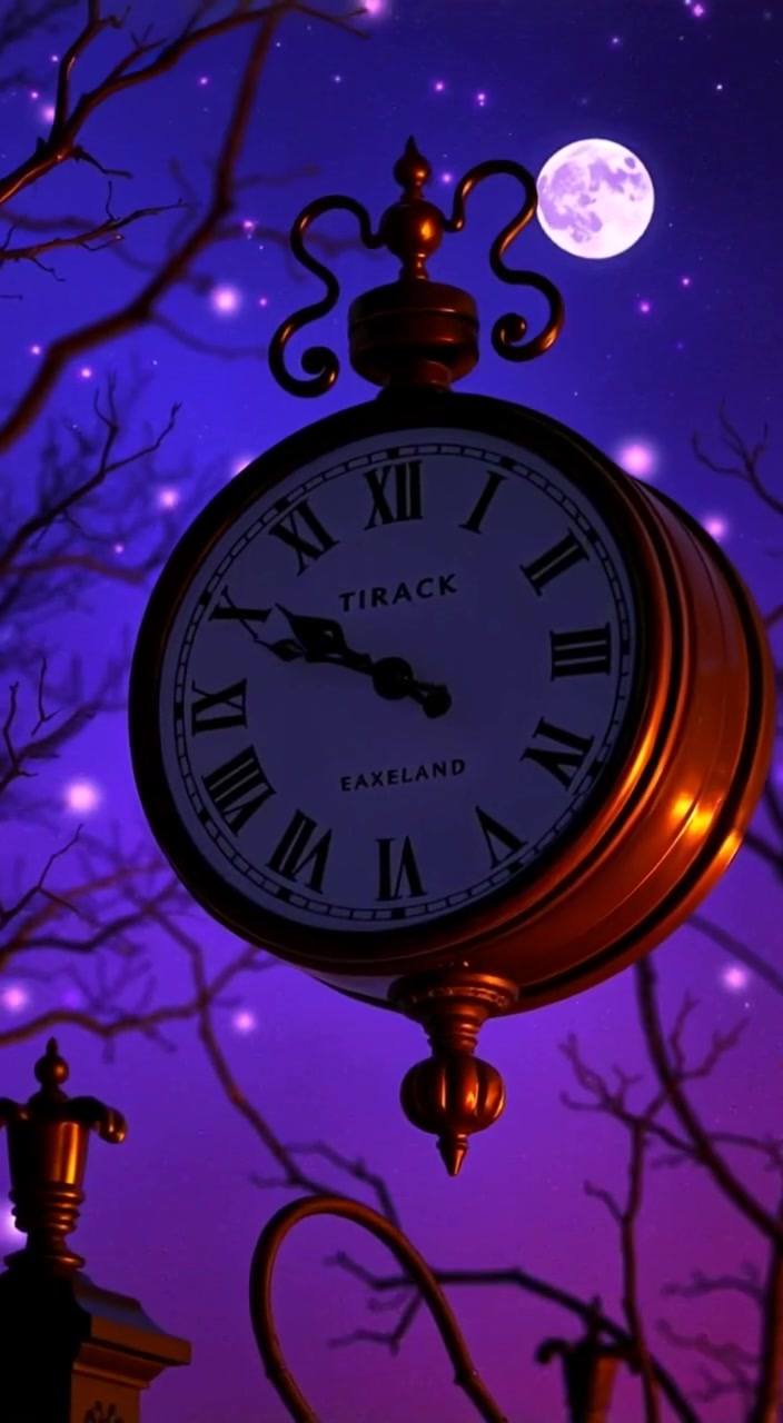 Stars twinkle softly as the clock slowly strikes midnight, illuminating the dark night sky.