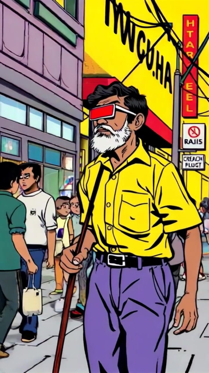 Subject: A blind man walking confidently along a bustling street, cane in hand. Subject movement: He moves steadily, skillfully navigating through the crowd of people passing by. Scene: A busy urban street filled with diverse pedestrians, storefronts, and city sounds. Style: Bright daylight filtering through the buildings, creating playful shadows on the pavement. Motion: The camera follows the man with a smooth tracking shot, weaving through the crowd to capture the vibrant energy of city life around him.