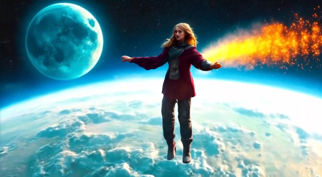 A figure gently spins in space, surrounded by sparkling moon dust, with Earth visible in the distance.