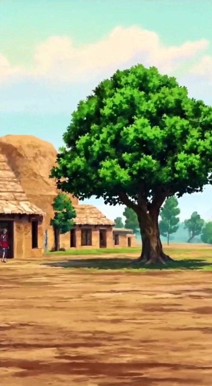 The wind gently sways the trees as villagers walk slowly through the peaceful streets of the small village.