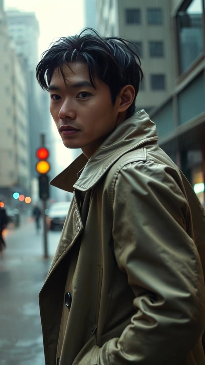 Scene: A close-up of Detective Kaito's trench coat as he strolls through relentless rain on a dimly lit urban street. Style: Ambient street lighting accentuating the glistening droplets on the fabric, creating a moody, atmospheric feel. Motion: Camera slowly pushes in, capturing the texture of the trench coat and the reflections on the wet pavement, while raindrops fall around, enhancing the sense of isolation in the relentless storm.