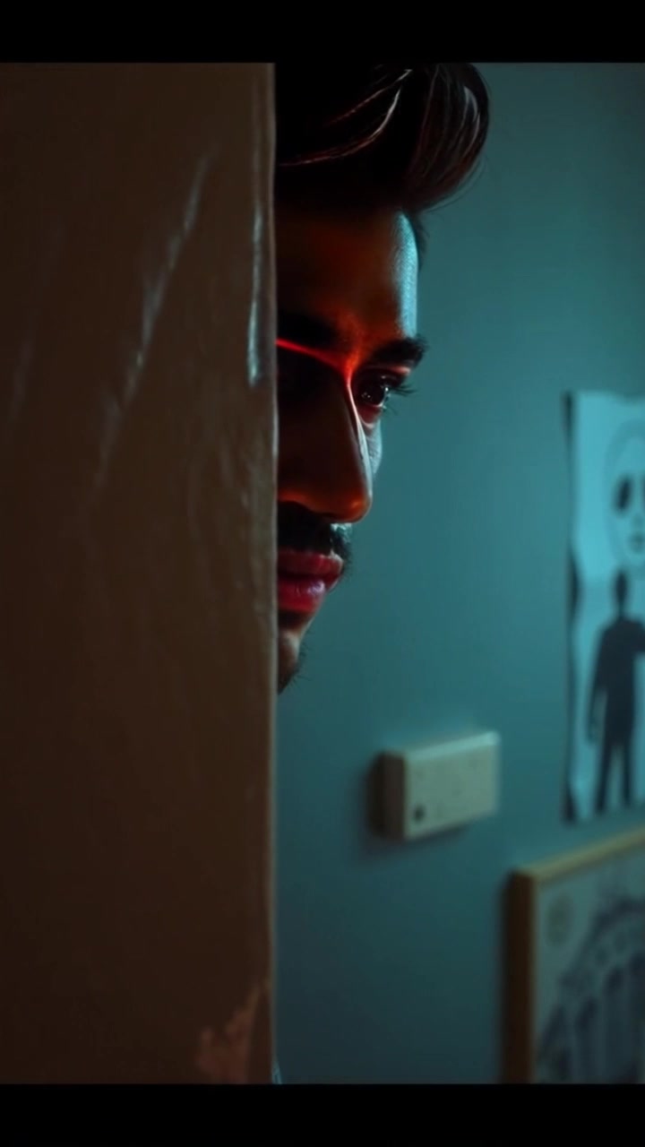 Scene: A close-up of a textured wall in a dimly lit study room, with a mysterious figure faintly visible behind it. Style: Soft shadows and ambient lighting create a sense of intrigue and suspense. Motion: The camera slowly pushes in on the wall, gradually revealing more details of the unsettling figure lurking just out of sight.