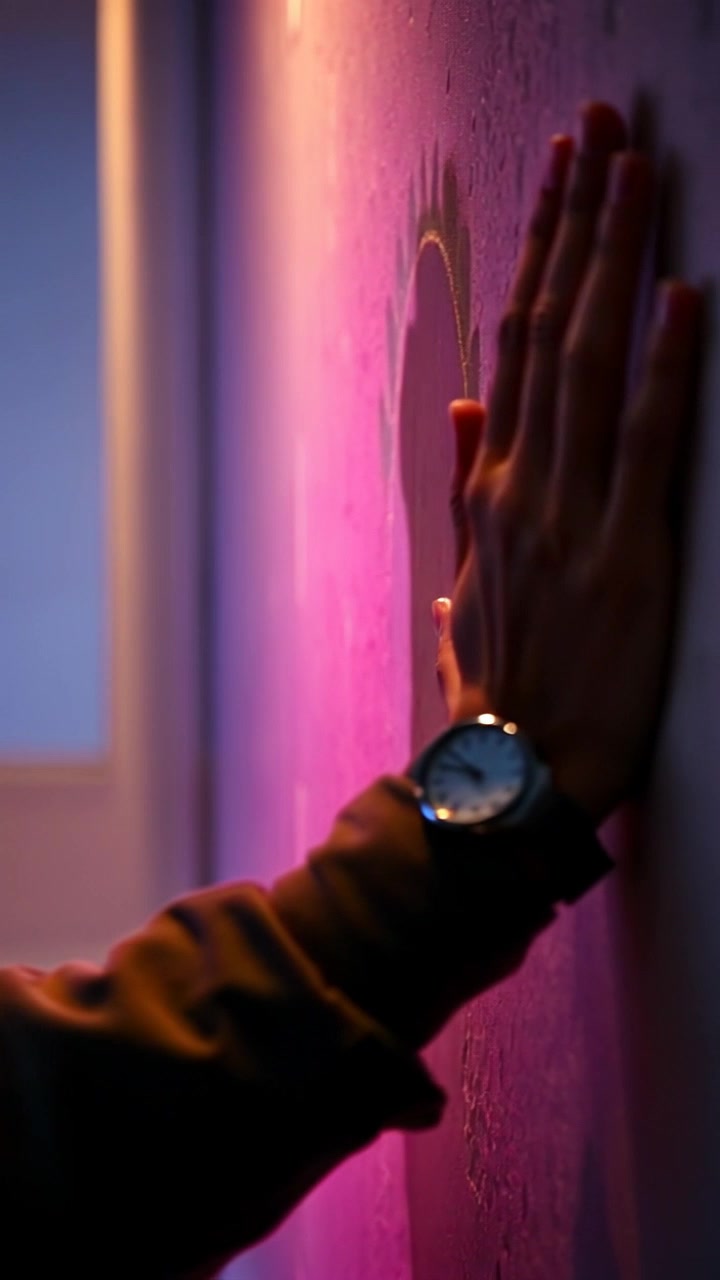 Subject: A hand reaching out to touch a textured wall. Subject movement: The hand moves slowly and deliberately towards the surface, fingers gently splayed. Scene: Intimate close-up of a hand approaching a rustic wall in a softly lit room. Style: Warm, ambient lighting that enhances the texture of the wall and creates subtle shadows. Motion: The camera slowly pushes in to accentuate the hand's movement, capturing the anticipation as it nears the surface, with an inviting atmosphere.