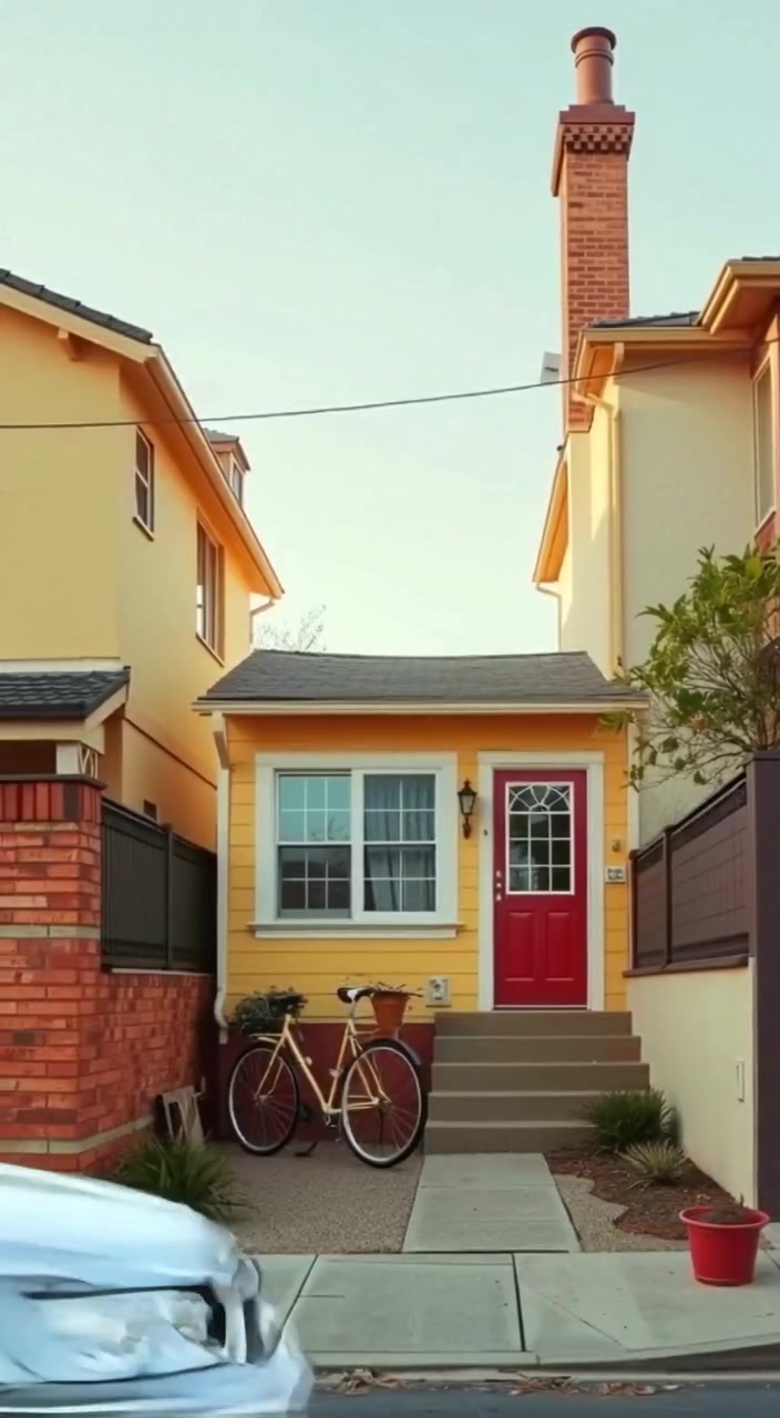 The bicycle sways gently in the warm breeze as leaves rustle in the yard of the quiet neighborhood.