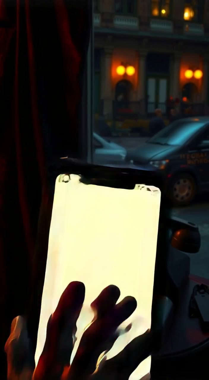 A focus on the person's hand reaching out to touch the phone screen, with the glow of the phone illuminating their face.