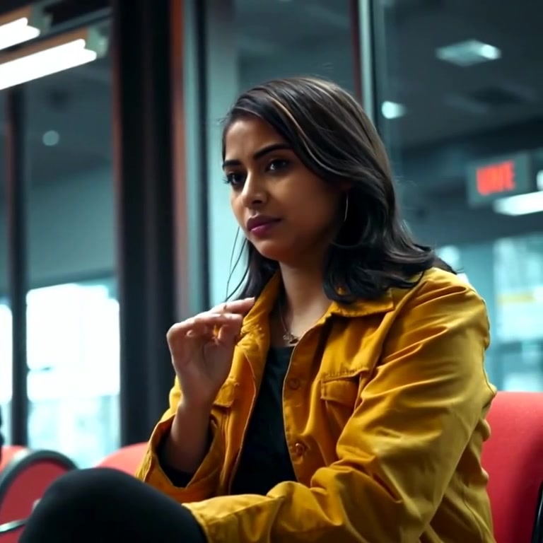 The woman gently fidgets with her hands, glancing nervously around the bright room during an interview.