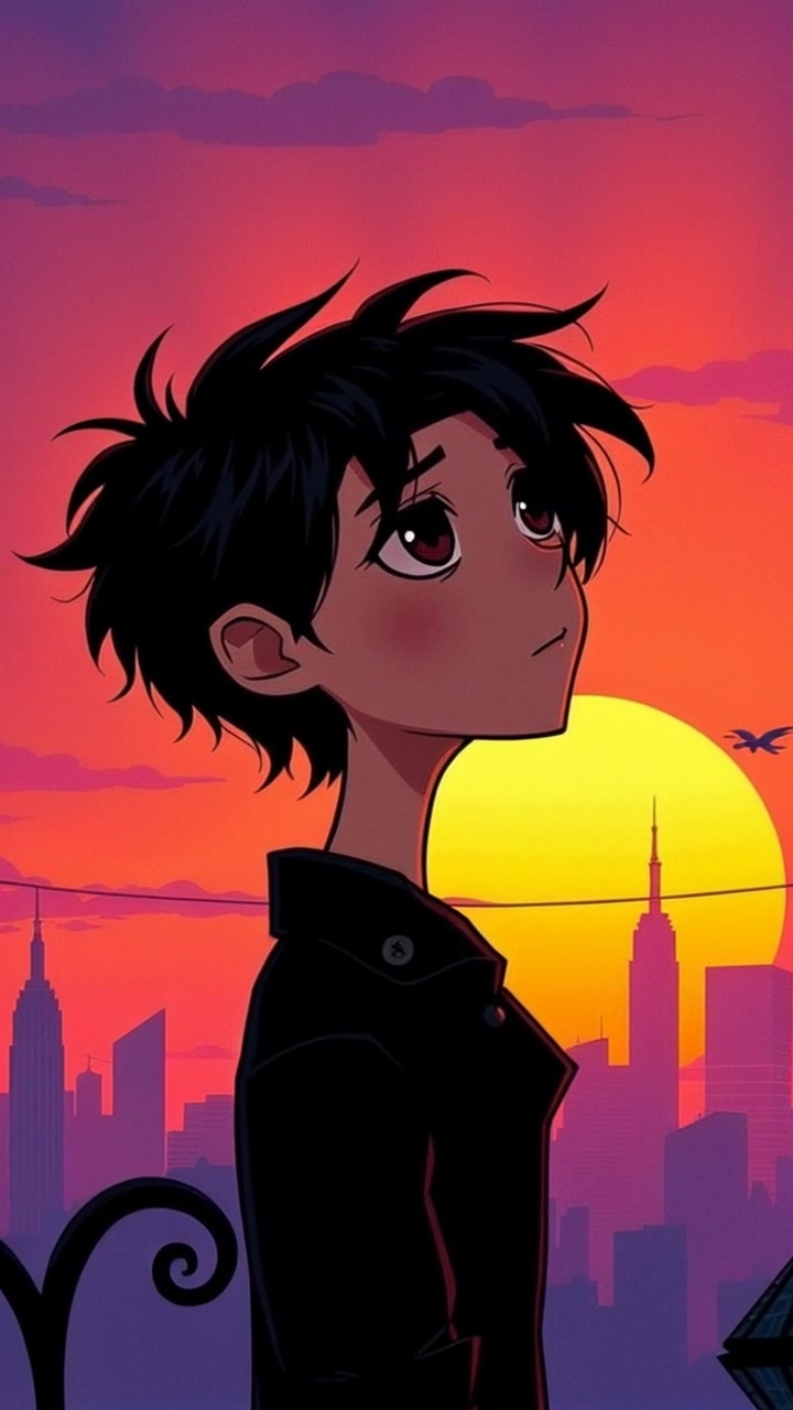 Subject (Person with thoughtful expression, Casual attire, City skyline reflecting orange hues of sunset) + Subject movement (Gazing thoughtfully) + Scene (Urban rooftop with a panoramic view of the city skyline during sunset) + Camera language (Slow zoom in) + Lighting (Golden hour sunlight casting long shadows) + Atmosphere (Reflective and peaceful)