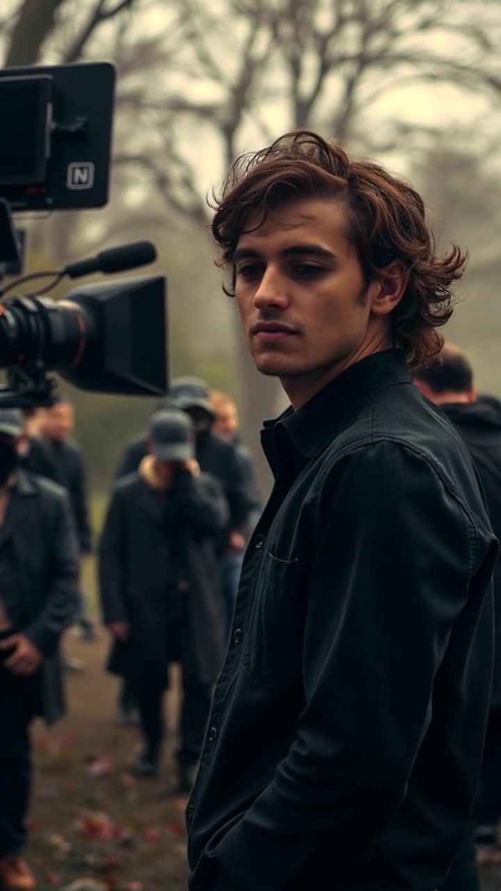 Subject: An extra on a film set, looking disheartened with unkempt hair, wearing a faded denim jacket. Scene: A bustling film set with crew members and a large camera, capturing the behind-the-scenes chaos. Camera Language: Slow dolly into the extra's despondent expression, conveying a sense of isolation amidst the busy environment. Lighting: Soft, diffused natural light filtering through the studio, casting shadows on the equipment. Atmosphere: Tense and melancholic mood, juxtaposing the energy of the set with the extra's subdued demeanor.