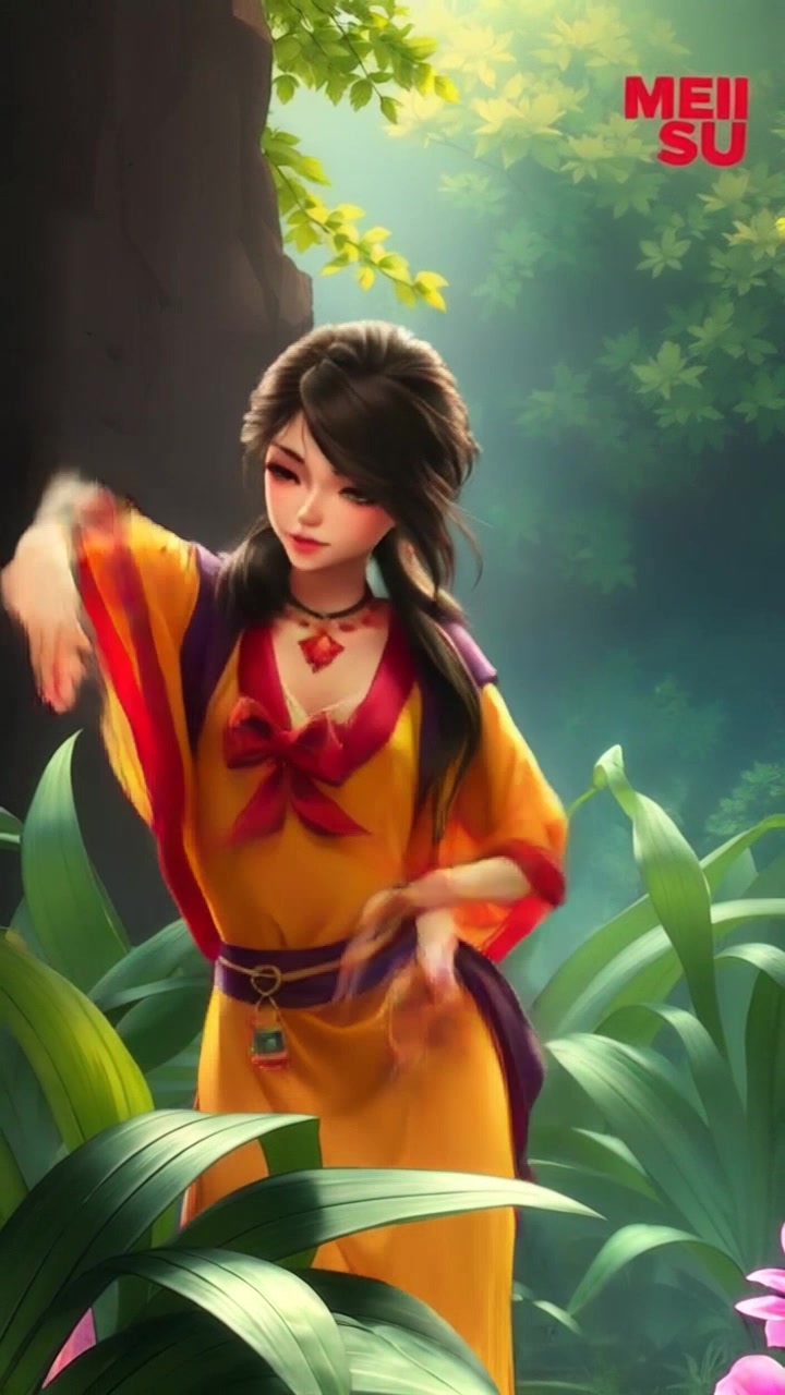 Subject: A dancer performing a graceful Javanese dance. Subject movement: The dancer moves fluidly among the lush greenery, her movements precise and expressive, capturing the essence of the tradition. Scene: A vibrant tropical garden filled with rich foliage and blossoming flowers, framing the performance. Style: Soft, diffused lighting streaming through the leaves, creating an ethereal atmosphere. Motion: The camera gently pans around the dancer, capturing her dynamic movements from various angles, enhancing the fluidity of the dance.