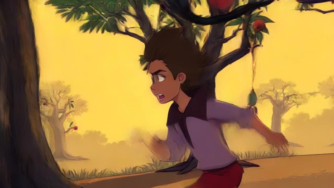 Subject: A person in a state of panic, running away from a peepal tree. Subject movement: The individual sprints away, glancing back over his shoulder, eyes wide with fear. Scene: A dense forest setting with sunlight filtering through the leaves of the peepal tree, casting dappled shadows on the ground. Style: Bright, vibrant daylight creating a sense of urgency. Motion: Handheld camera tracking shot that follows the frantic movement of the runner, weaving between tree trunks as the camera captures the fleeting expressions of fear and urgency.