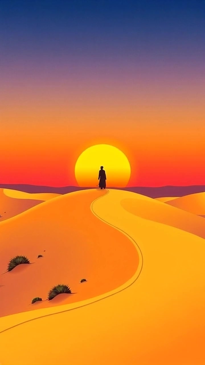 Scene: A solitary figure silhouetted against a vast desert landscape at sunset, standing atop a gently sloping hill. Style: Warm, golden hues of the setting sun cast long shadows across the terrain, evoking a sense of tranquility. Motion: The camera slowly pushes in towards the figure, capturing the expansive desert panorama as the wind sweeps softly through the scene, enhancing the solitude of the moment.