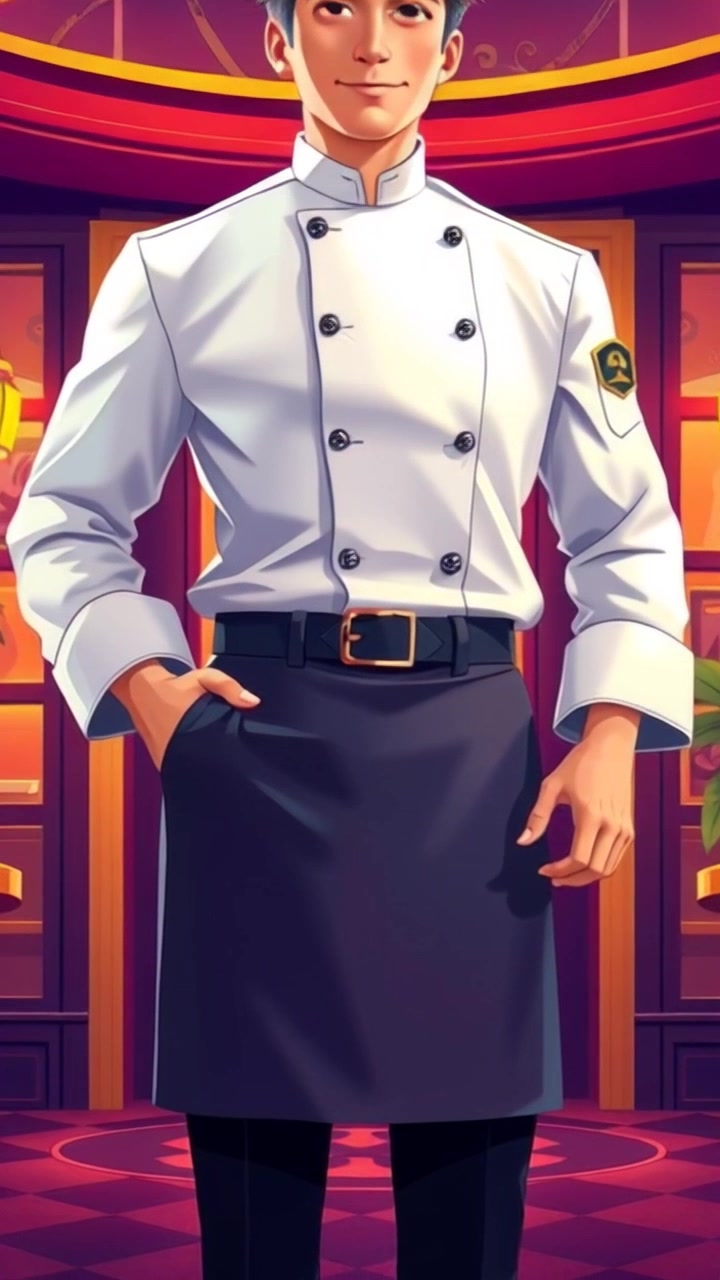 Subject (Tall male in chef's uniform)  + Subject movement (Confident stance) + Scene (Luxurious restaurant entrance) + Camera Language (Slow dolly in) + Lighting (Soft evening light) + Atmosphere (Elegant and inviting)